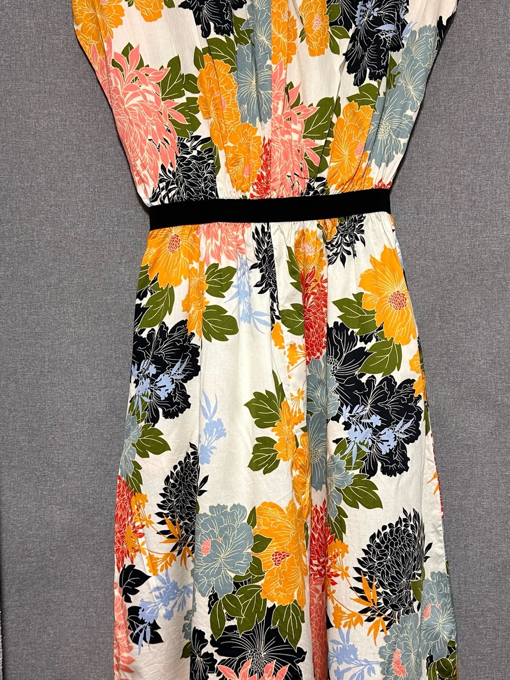 Zara White Midi Dress with Yellow, Black, Coral & Sage Floral Print